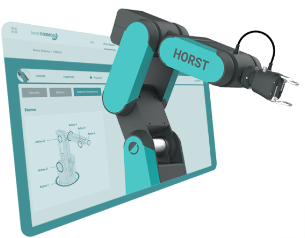 The digitally rendered robot arm Horst, equipped with a gripper, emerges from a screen displaying the horstCOSMOS user interface.
